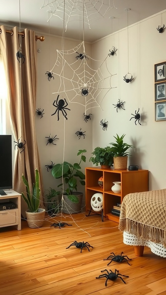 A cozy apartment decorated for Halloween with fake spiders and spider webs hanging from the ceiling.