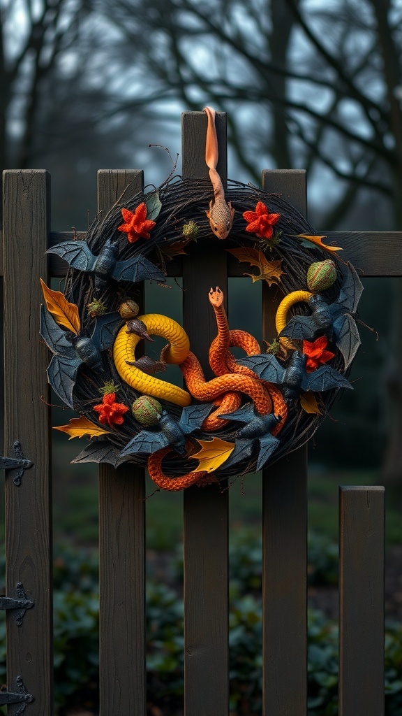 A Halloween wreath featuring colorful snakes, dark leaves, and red flowers.