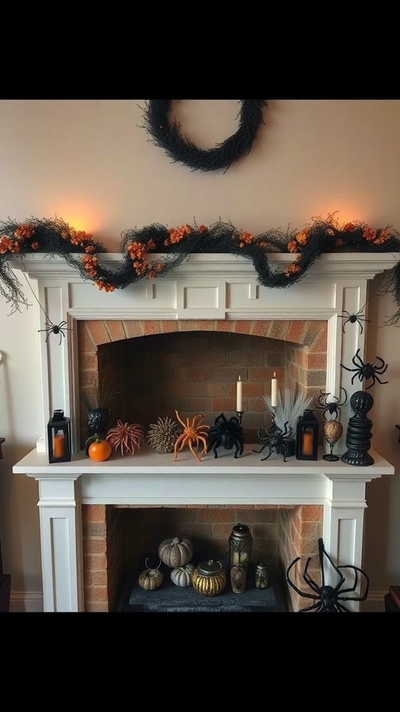 Halloween decorated fireplace with spiders, pumpkins, and candles