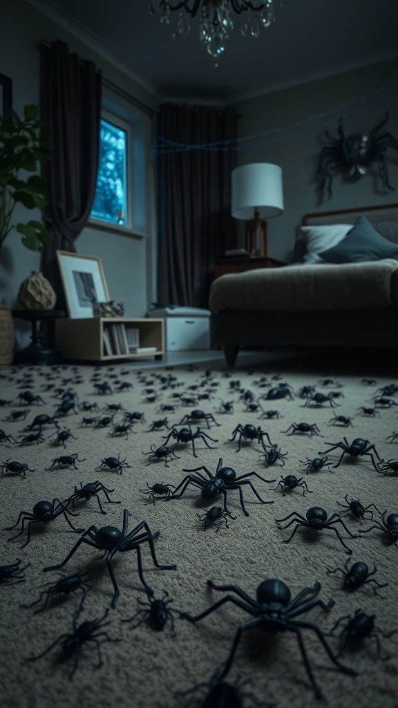 A room with a carpet covered in realistic-looking black plastic spiders, creating a spooky Halloween atmosphere.
