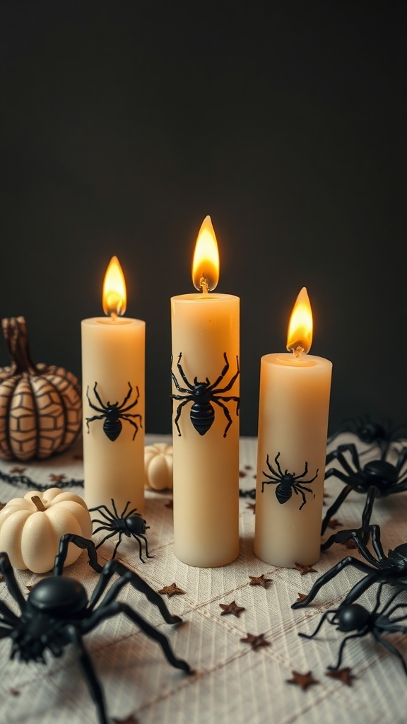 Three candles with spider designs, surrounded by plastic spiders and small pumpkins, creating a Halloween atmosphere.