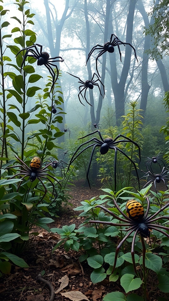 A misty garden with giant black spiders among green plants, creating a spooky Halloween atmosphere.