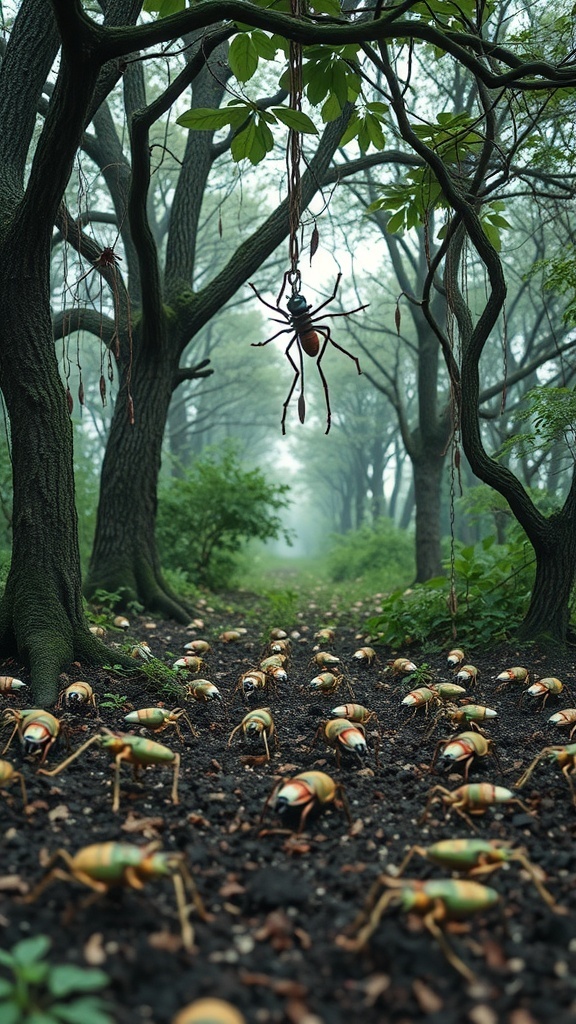 A misty forest path lined with large, colorful insect decorations and a giant spider hanging from a tree.