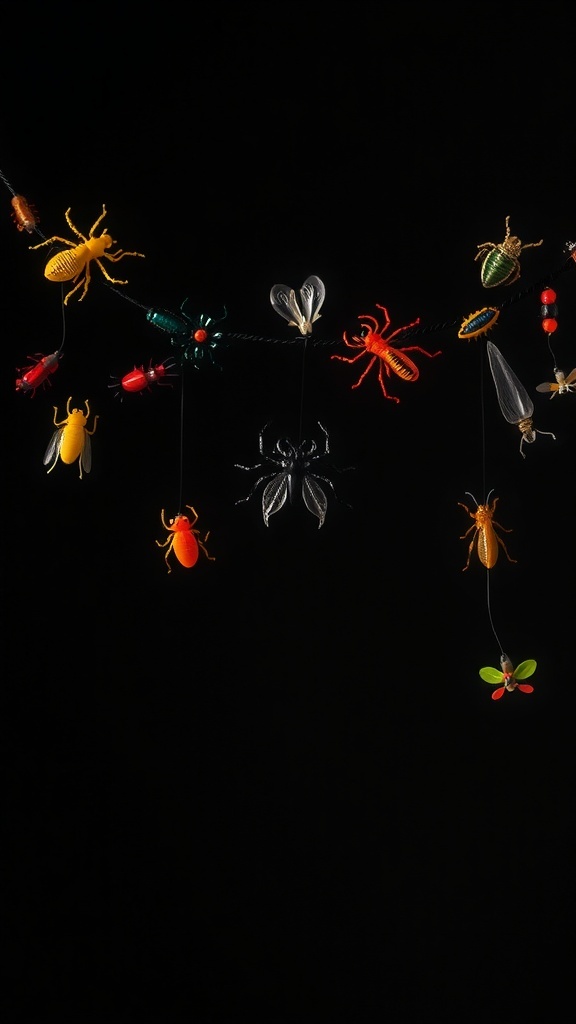 A Halloween garland featuring colorful plastic insects hanging against a black background.