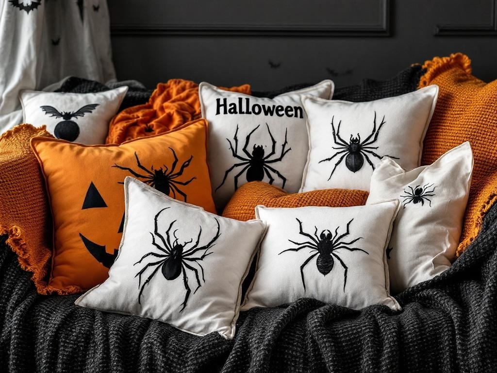 A collection of Halloween-themed pillows featuring spider designs and a pumpkin motif.