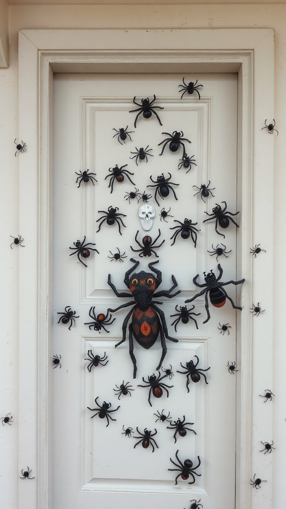 A door decorated with numerous plastic spiders and a skull, creating a spooky Halloween theme.