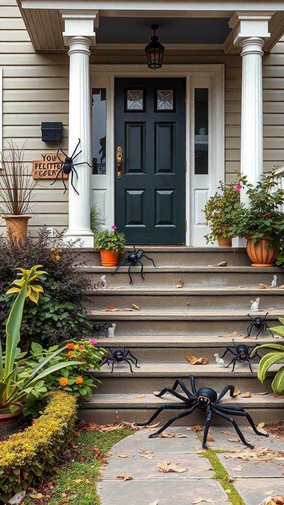 A front porch decorated with large fake spiders and a dark green door, creating a spooky Halloween atmosphere.