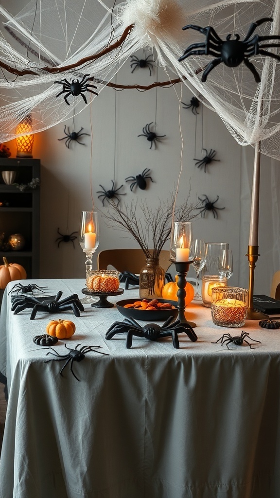 Halloween table setting with black spiders, pumpkins, and cobwebs