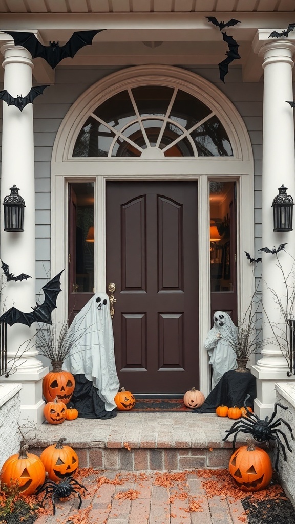 Halloween entryway with ghost props, pumpkins, and bats