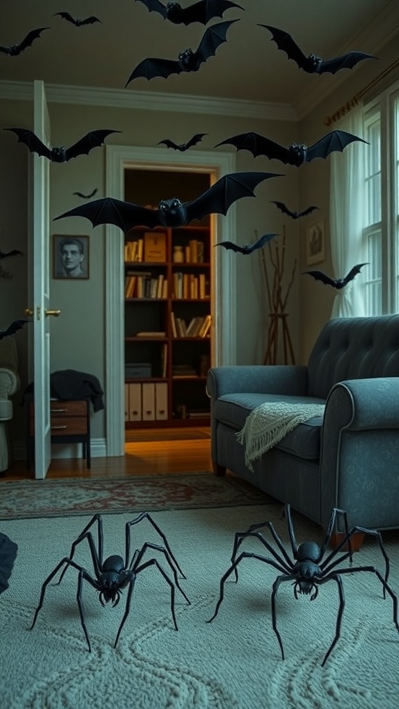 A spooky living room decorated for Halloween with flying bats and large spiders on the floor.