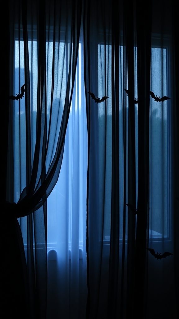 Black sheer curtains with bat silhouettes, letting light through a window