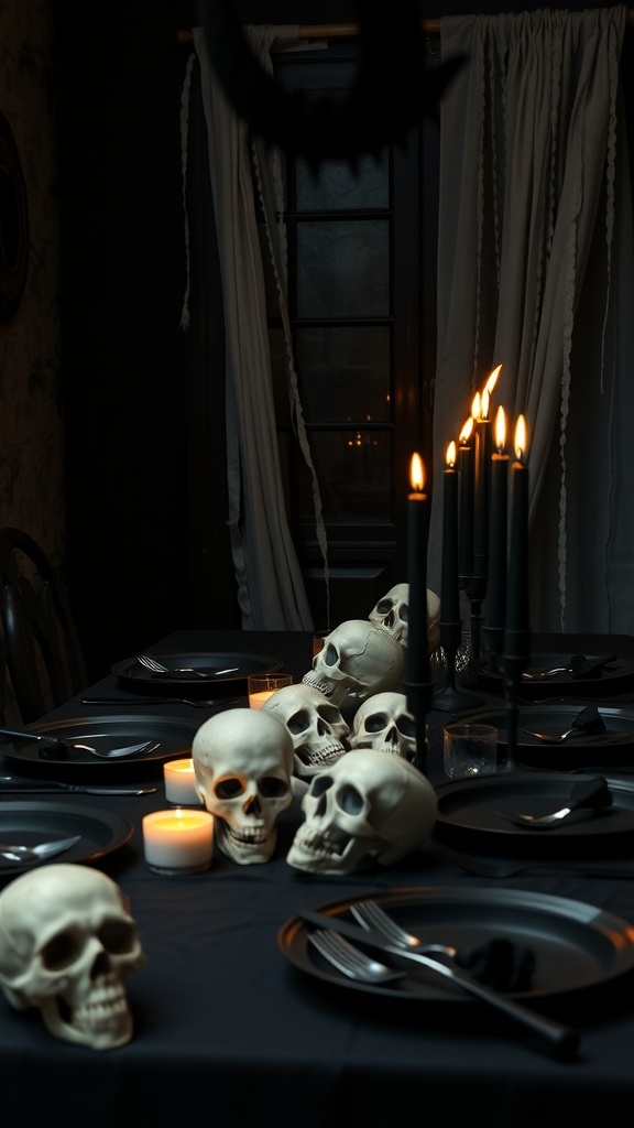 A spooky dining table setting with skulls, black plates, and candles