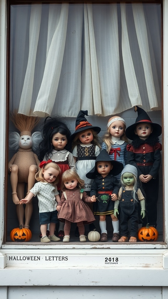 A collection of dolls in a Halloween-themed window display, featuring various costumes and pumpkins.