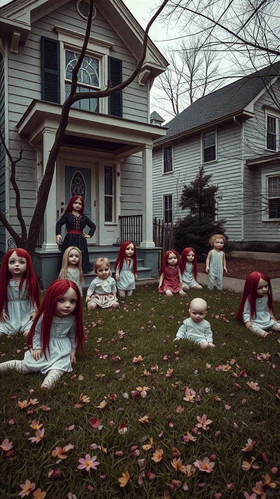 A creepy doll display in a front yard with multiple dolls and a house in the background.