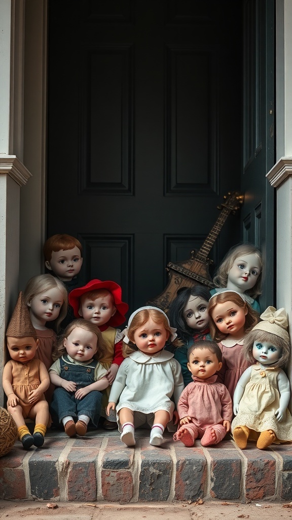 A creepy doll display on a doorstep featuring various dolls with different expressions and outfits.