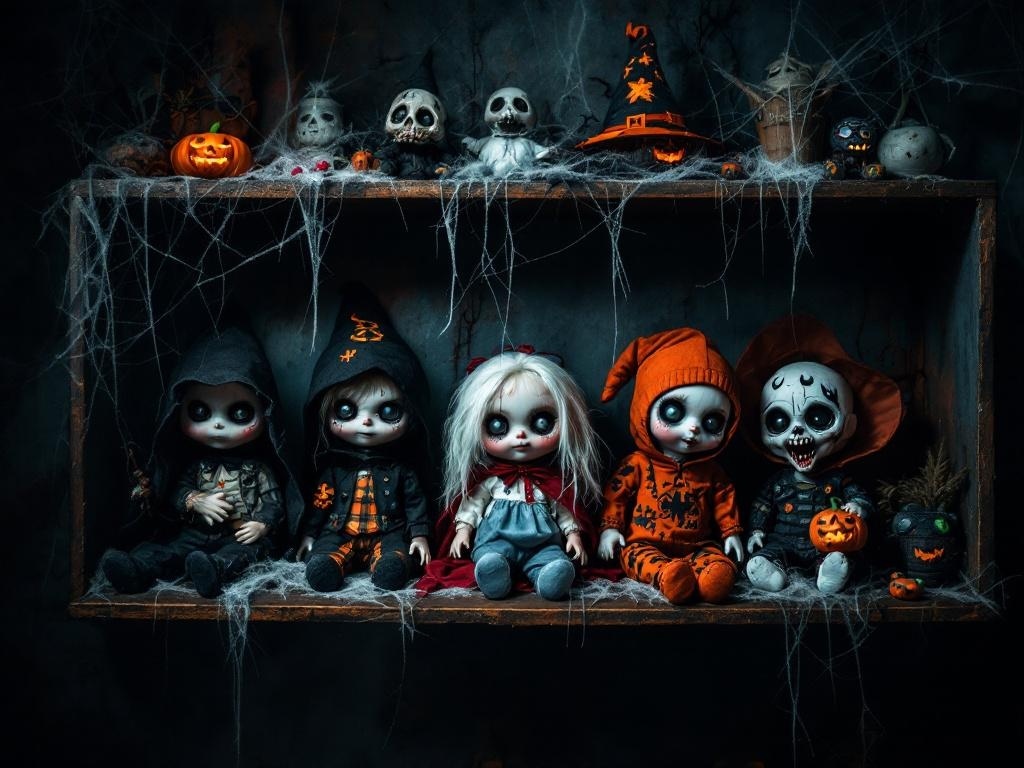 A shelf displaying creepy dolls in Halloween costumes, surrounded by pumpkins and skulls.