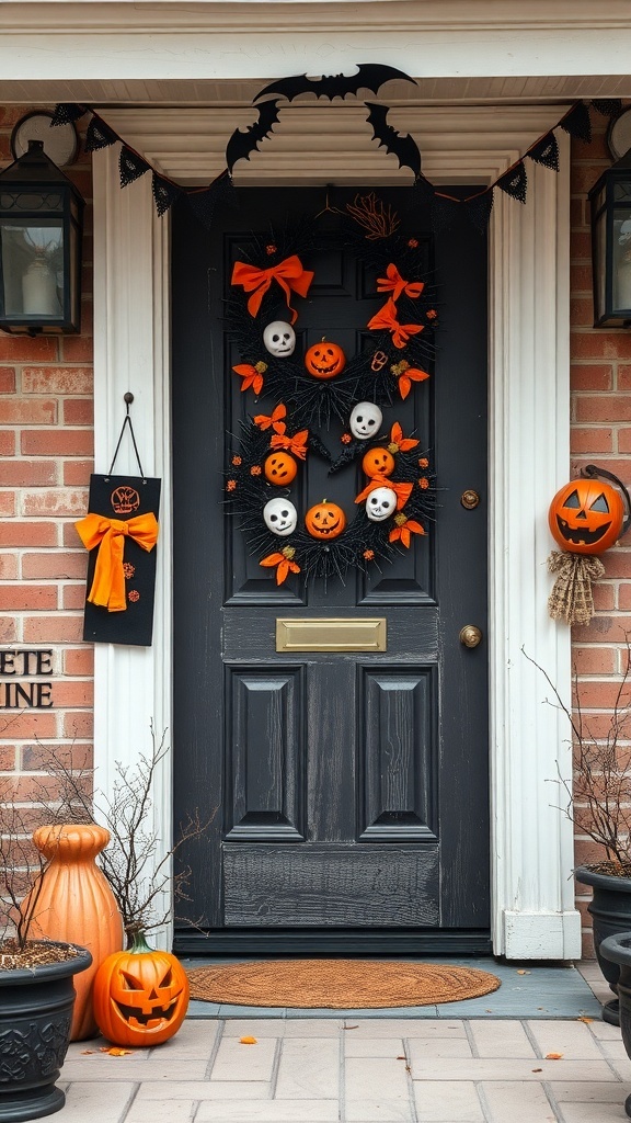 A Halloween-themed door decorated with a wreath featuring skulls, pumpkins, and bows, alongside jack-o'-lanterns on the porch.