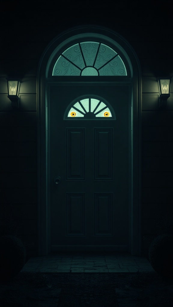 A dark door with glowing eyes peering from the shadows, illuminated by soft light.