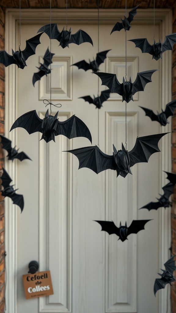 A collection of black hanging bats in front of a white door, creating a spooky Halloween decoration.