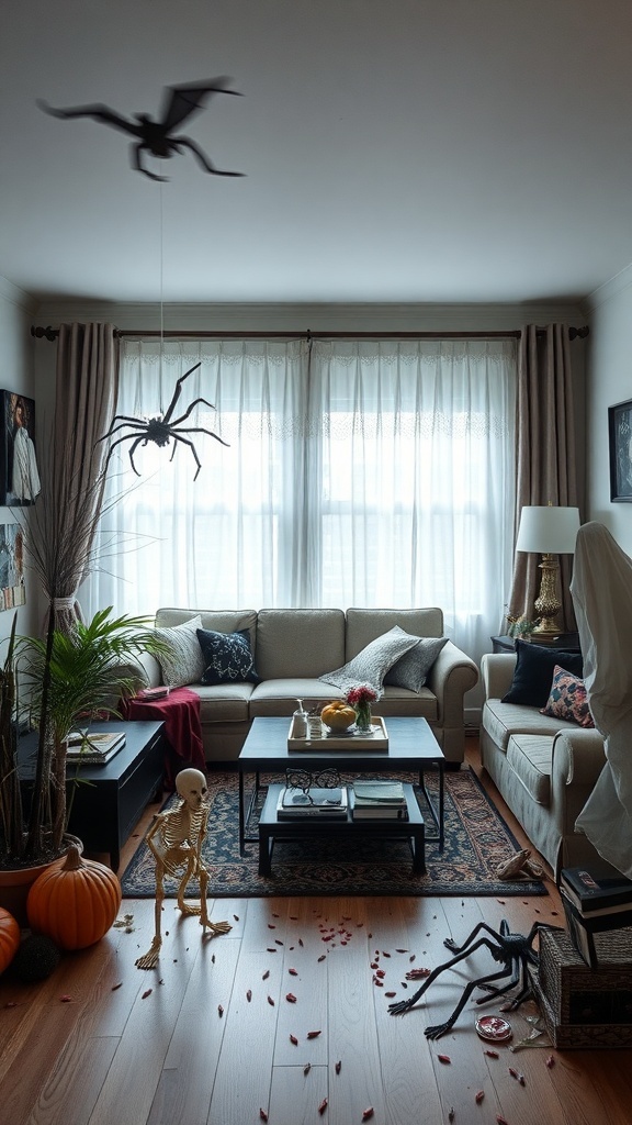 A cozy living room decorated for Halloween with a hanging spider, skeleton, pumpkins, and scattered petals.