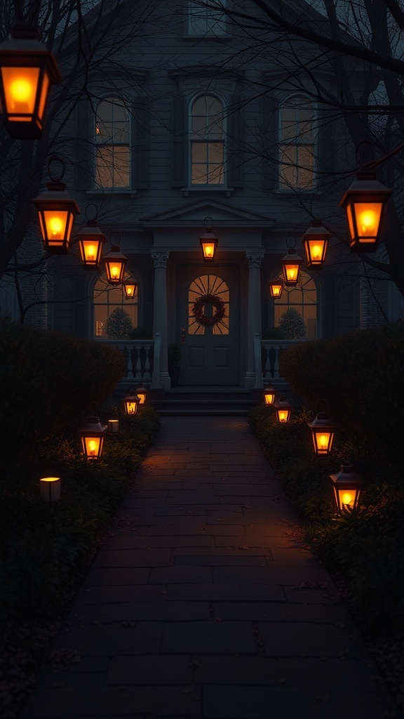 A spooky pathway lined with glowing orange lanterns leading to a house