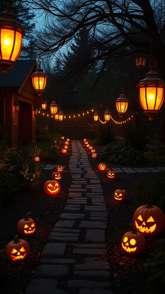 A spooky pathway illuminated by lanterns and jack-o'-lanterns, creating a Halloween atmosphere.