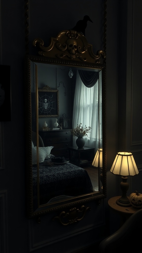 A darkly decorated bedroom with an ornate mirror featuring a skull design, reflecting a cozy yet spooky atmosphere.