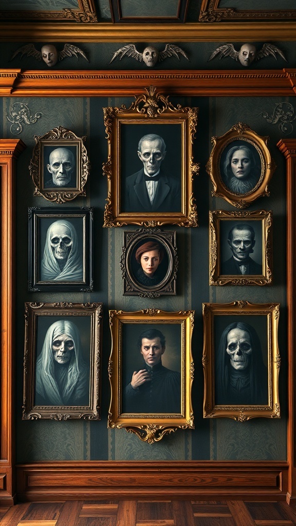 A wall decorated with creepy portraits in ornate frames, featuring ghostly figures and unsettling expressions.