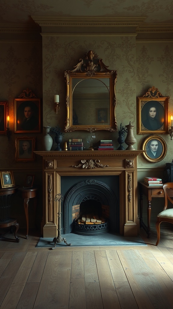 A vintage fireplace adorned with portraits and a large mirror, creating a spooky atmosphere.