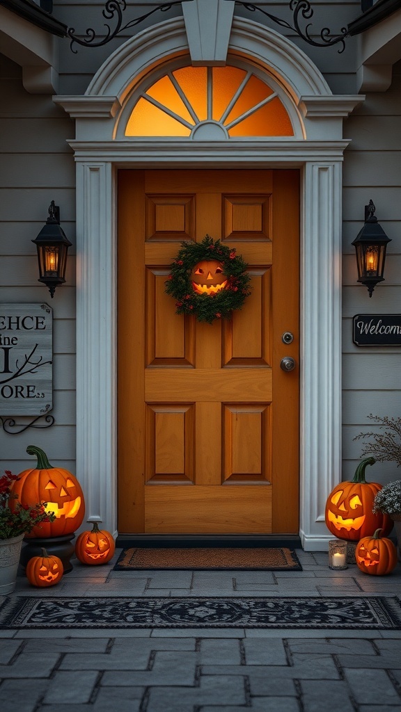 A front door decorated with carved pumpkin lanterns and a pumpkin wreath.