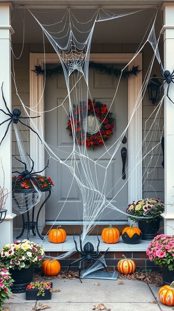 A Halloween-themed front porch decorated with spider webs, pumpkins, and flowers.