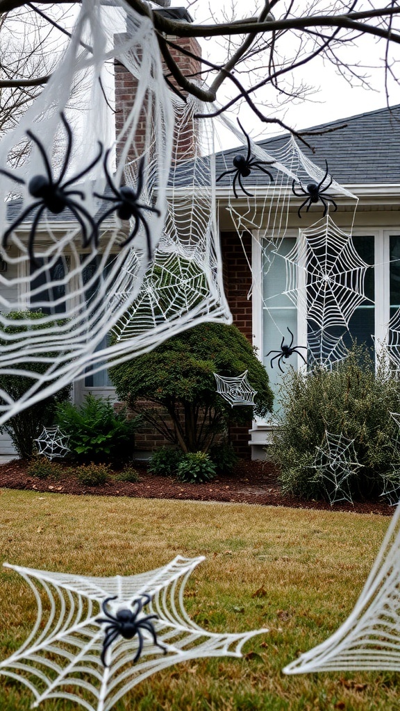 A front yard decorated with creepy spider webs and black plastic spiders.