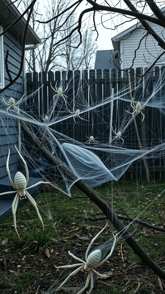 A tree covered in spider webs with realistic-looking spiders hanging from them.