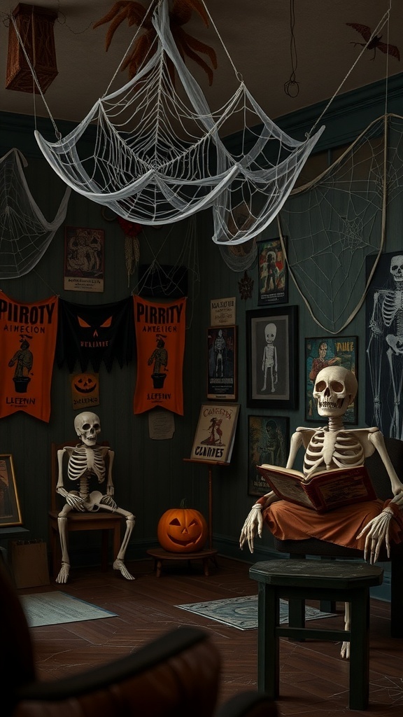 A Halloween-themed room with skeletons, spiderwebs, and decorations.
