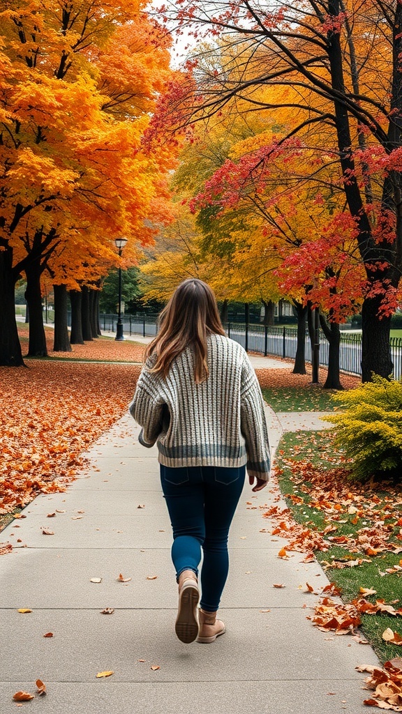 A person walking on a path surrounded by colorful fall trees.