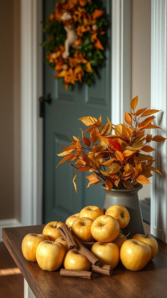 A fall entry table decorated with golden apples, cinnamon sticks, and autumn leaves in a vase.
