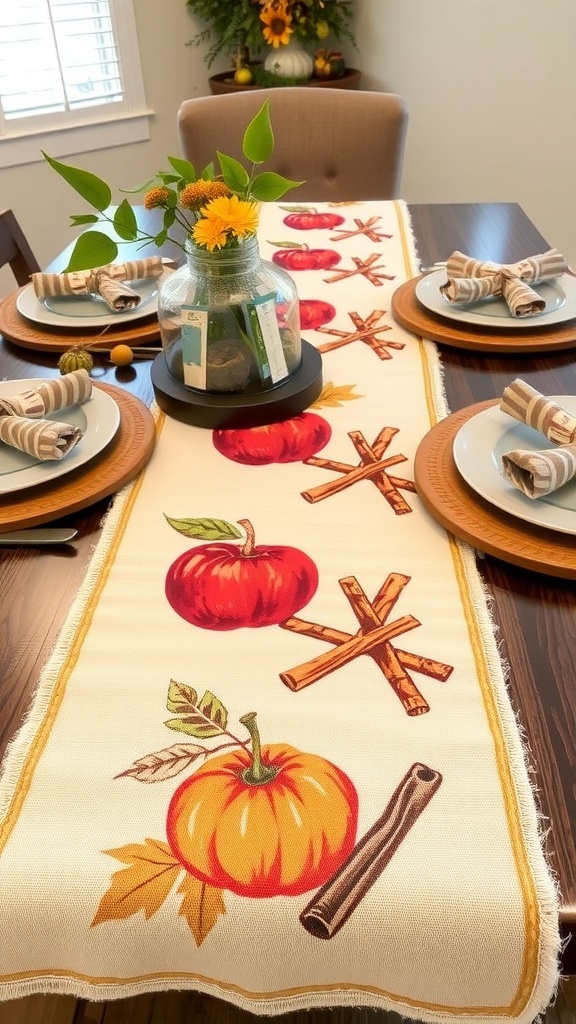 Table runner with apples and cinnamon design on a dining table