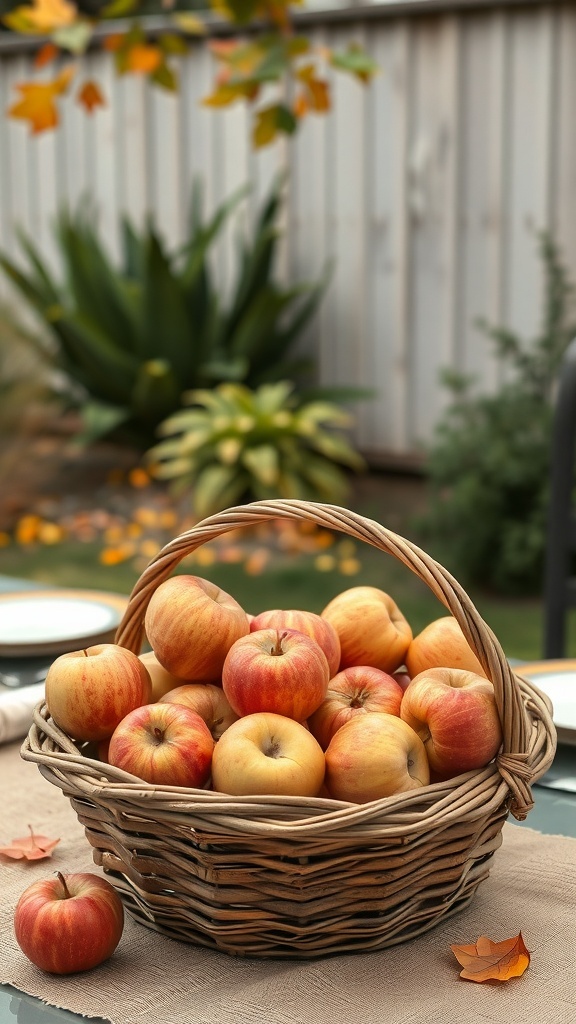 A woven basket filled with fresh apples on a table, surrounded by autumn leaves.
