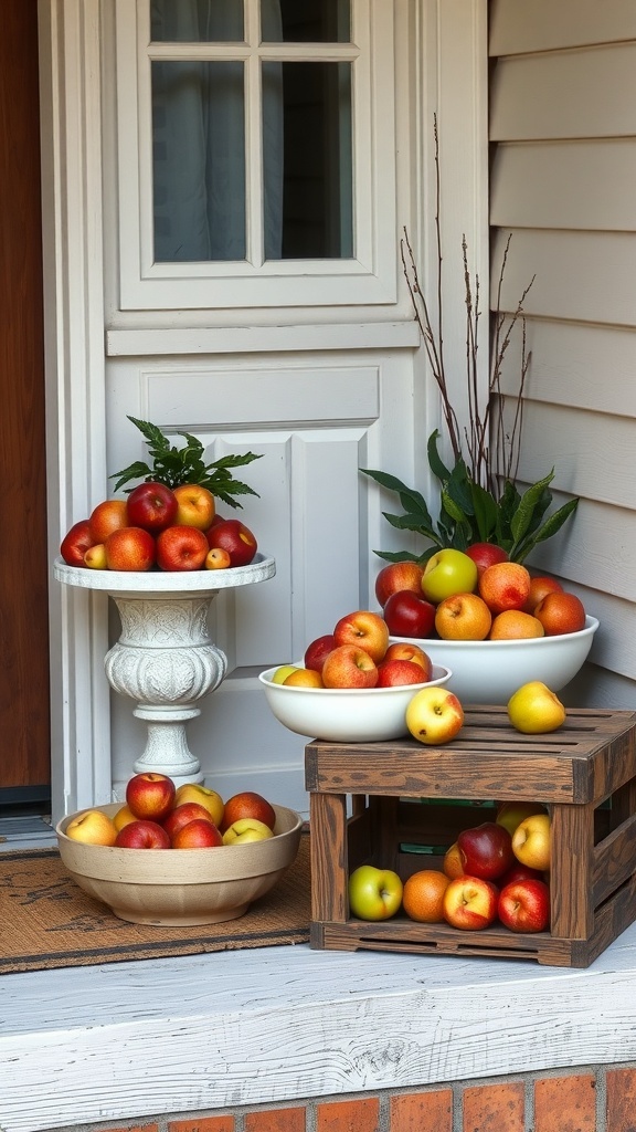 A porch decorated with various bowls and crates filled with colorful apples, showcasing a cozy fall vibe.