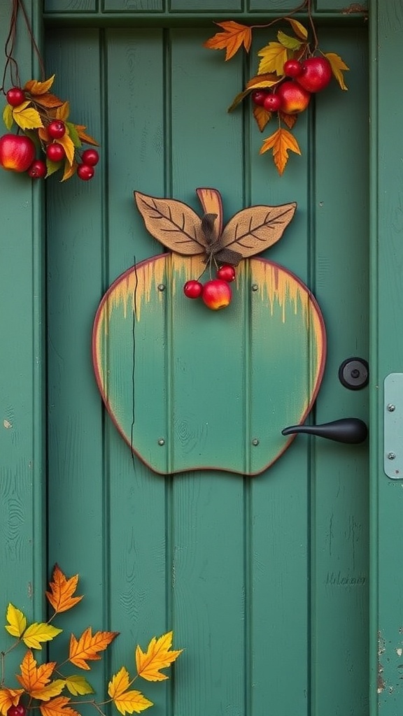 A green door with a large apple-shaped door hanger, surrounded by autumn leaves and berries.
