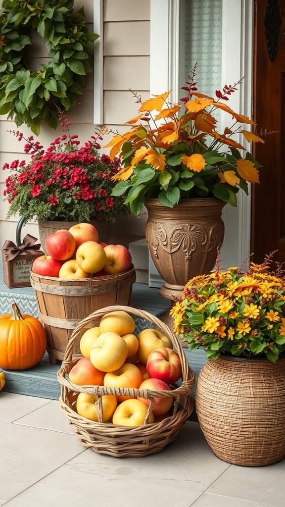 A front porch decorated with rustic baskets filled with apples, pumpkins, and colorful flowers.