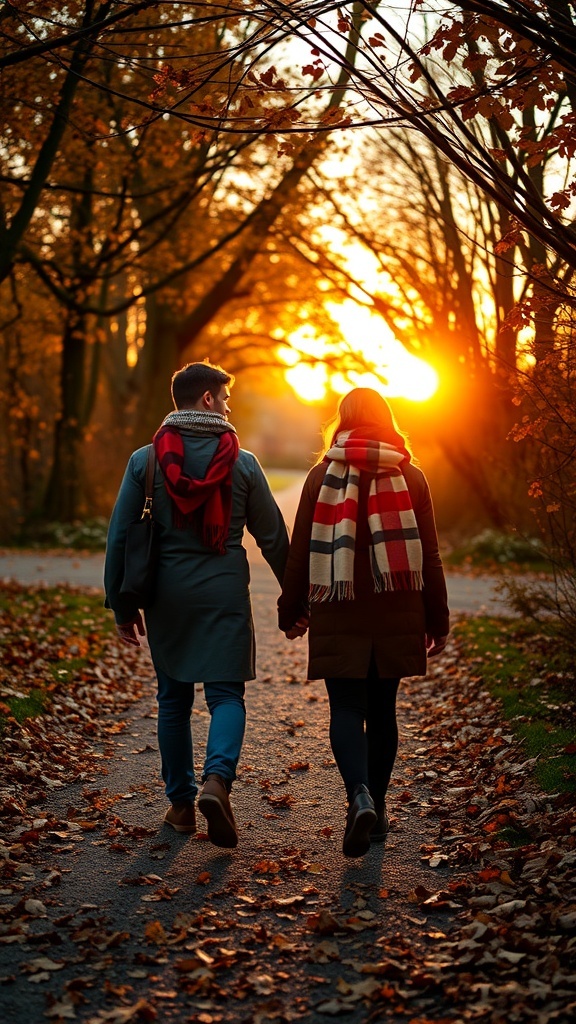 A couple walking hand in hand during a fall sunset, surrounded by colorful autumn leaves.