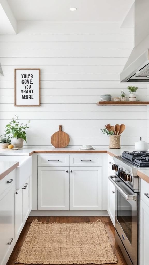 A bright kitchen featuring crisp white shiplap walls, wooden countertops, and plants.
