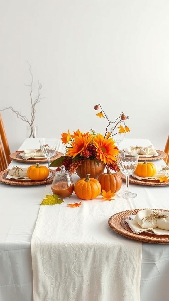A fall table setting featuring a crisp white linen runner, pumpkins, and autumn flowers.