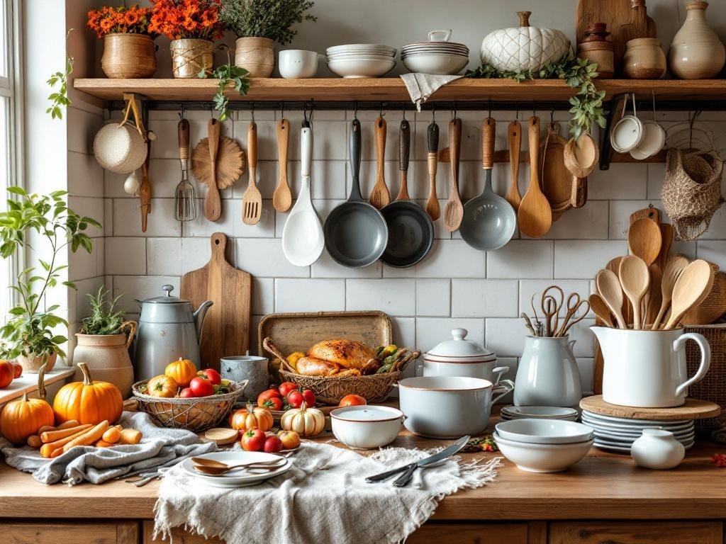 A cozy kitchen with seasonal ingredients and cookware for Thanksgiving.