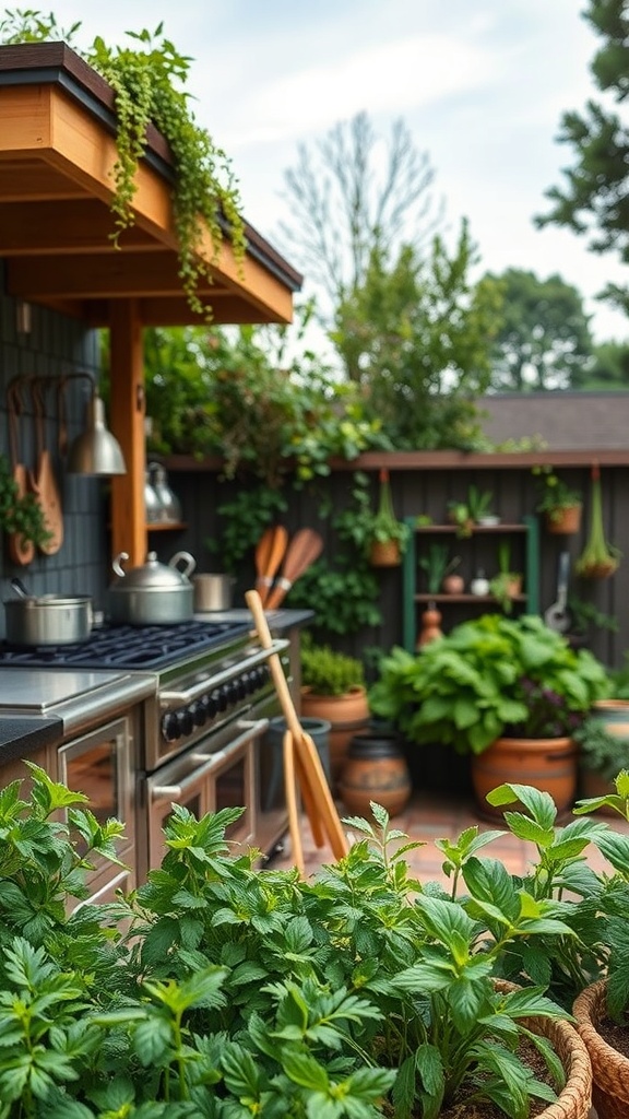 A beautiful outdoor kitchen with a culinary herb garden filled with fresh herbs and plants.