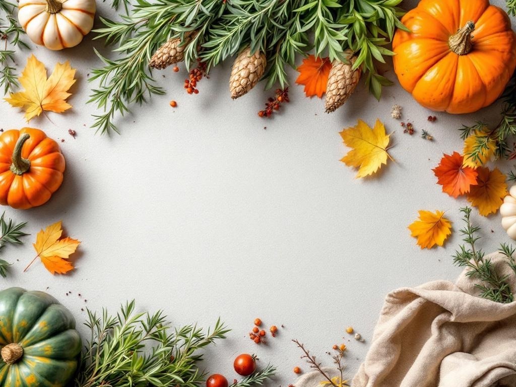 A Thanksgiving table scape featuring pumpkins, colorful leaves, and culinary herbs.