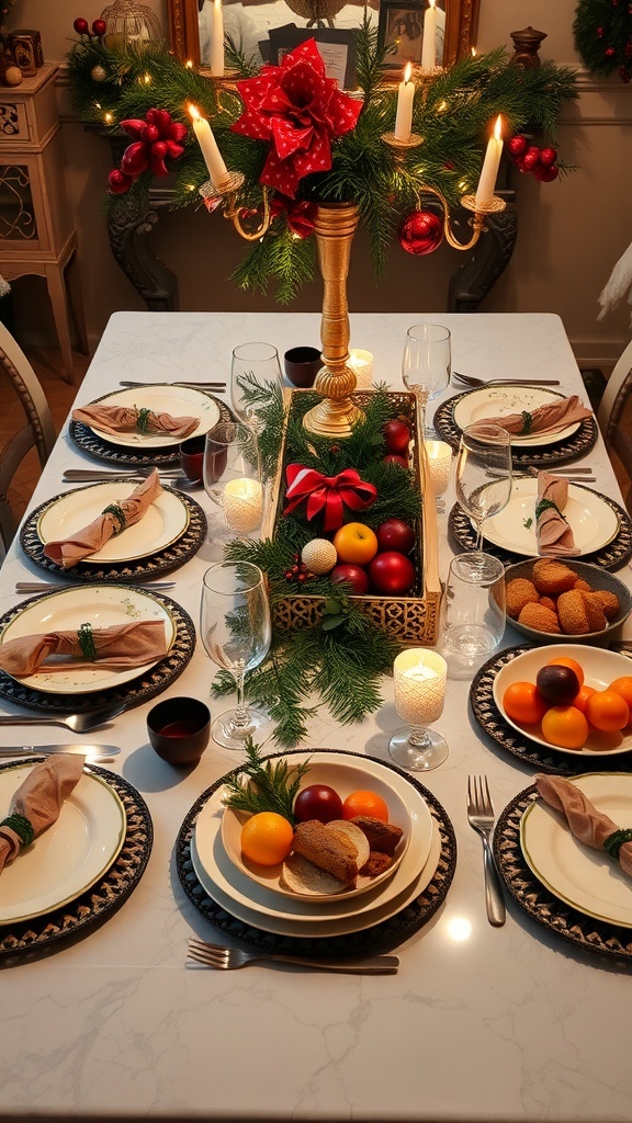A beautifully set Christmas dining table with elegant plates, fresh fruits, and a festive centerpiece.