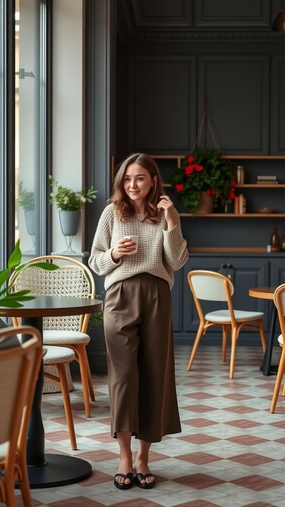A woman wearing a fitted sweater and culottes, standing in a stylish café.