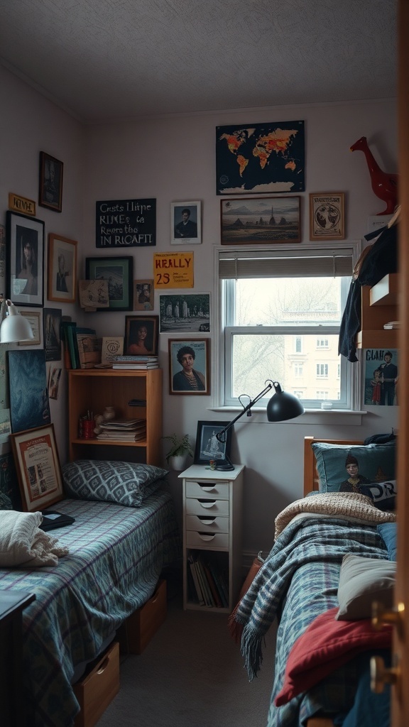 A cozy dorm room featuring two beds, a world map on the wall, and various cultural mementos and photographs.